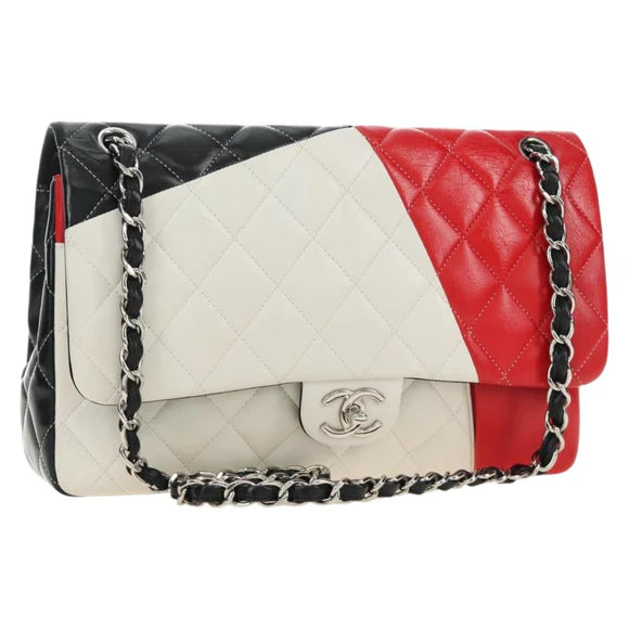 Preowned Chanel Chain Big Matelassé 30 Bag Lambskin White Black Silver CC Auth 190244SAM