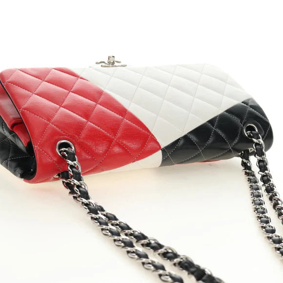 Preowned Chanel Chain Big Matelassé 30 Bag Lambskin White Black Silver CC Auth 190244SAM