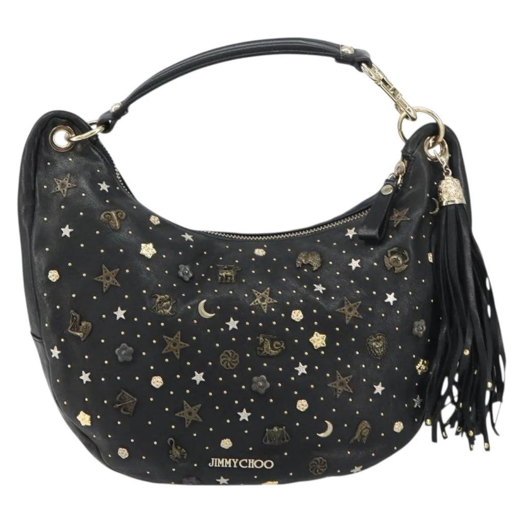 Preowned Authentic Jimmy Choo Studs Hand Bag Leather Black Gold 