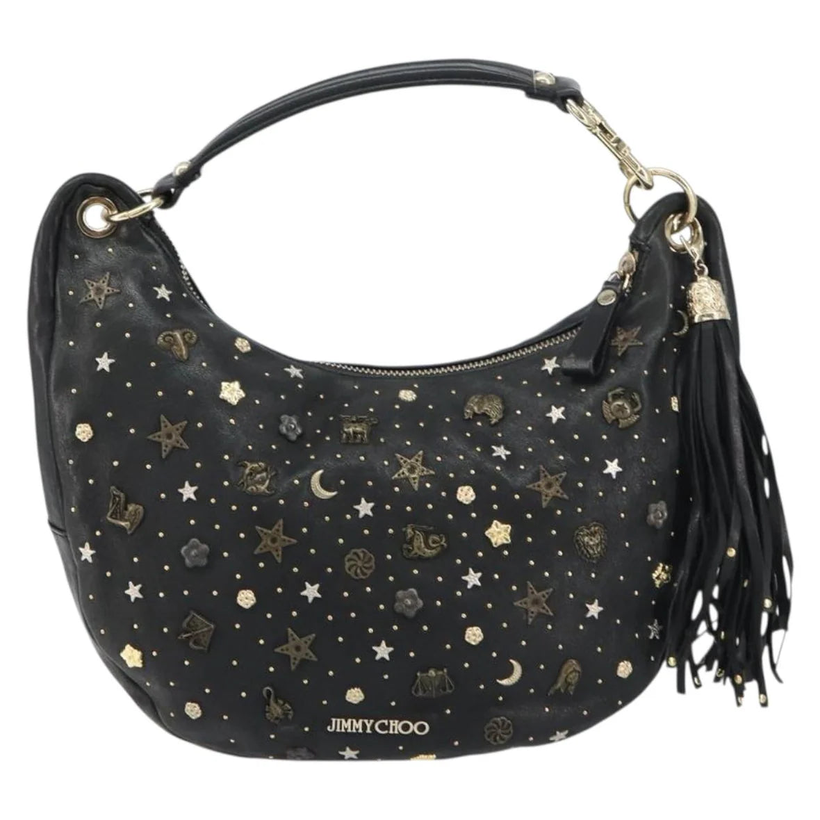 Preowned Authentic Jimmy Choo Studs Hand Bag Leather Black Gold 