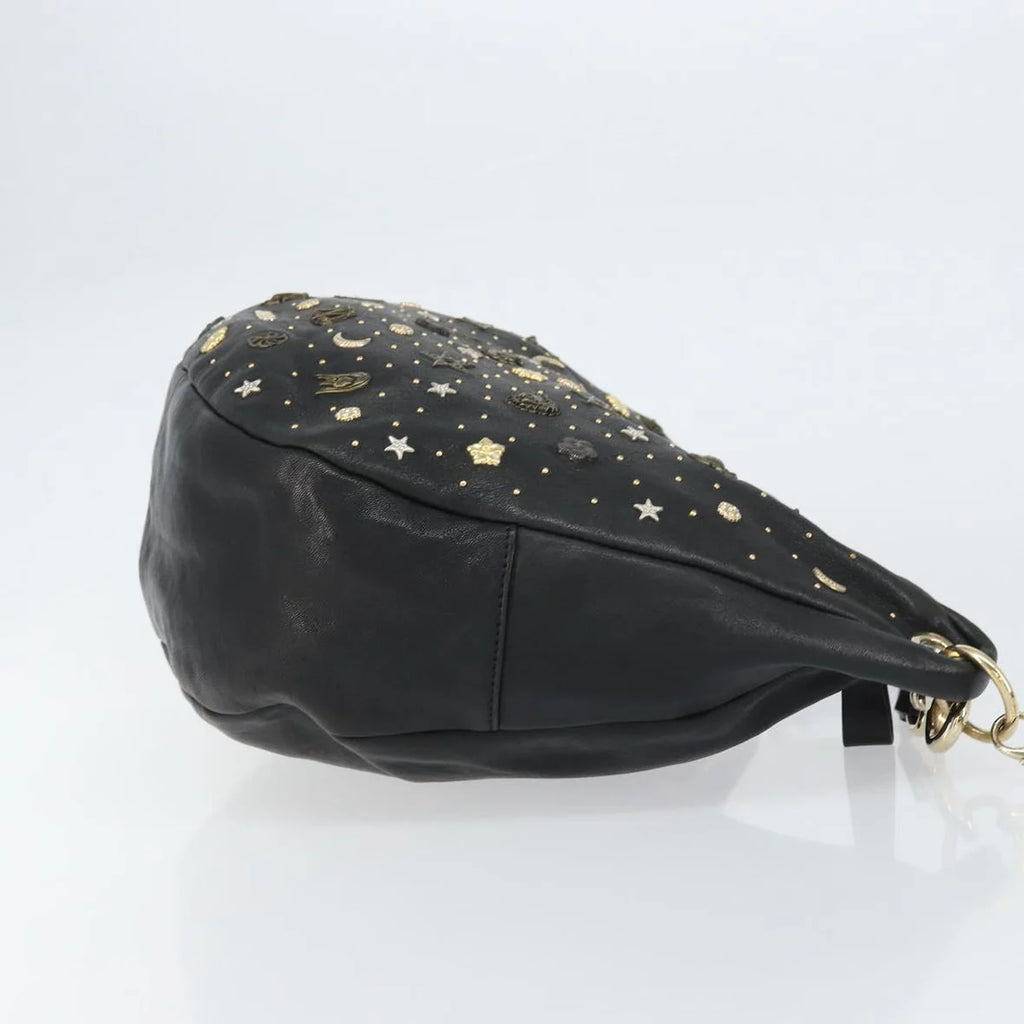 Preowned Authentic Jimmy Choo Studs Hand Bag Leather Black Gold 