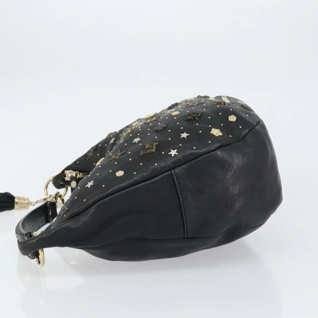 Preowned Authentic Jimmy Choo Studs Hand Bag Leather Black Gold 