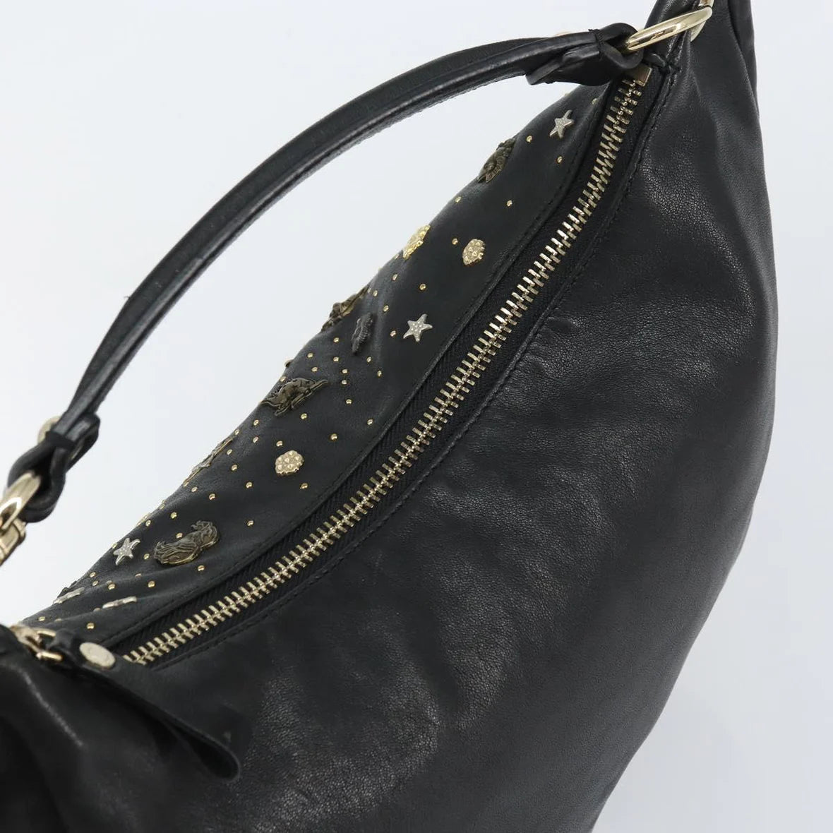 Preowned Authentic Jimmy Choo Studs Hand Bag Leather Black Gold 