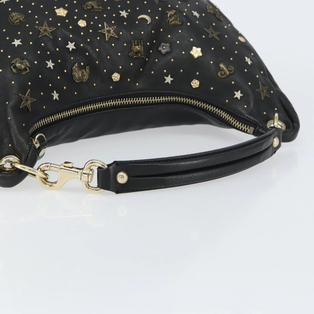 Preowned Authentic Jimmy Choo Studs Hand Bag Leather Black Gold 
