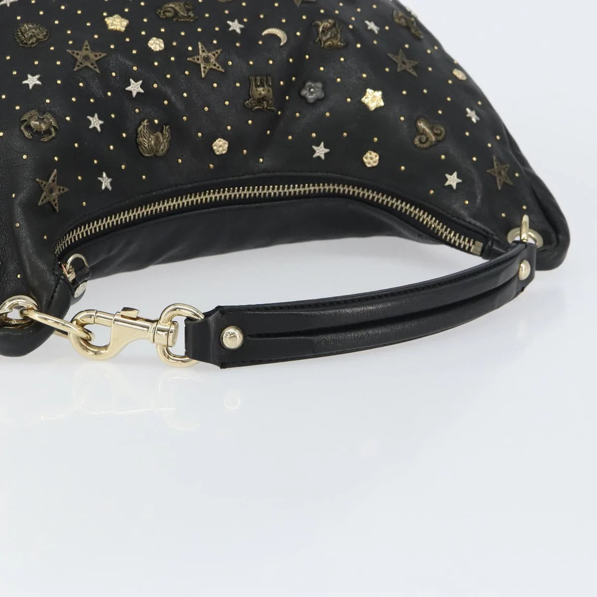 Preowned Authentic Jimmy Choo Studs Hand Bag Leather Black Gold 