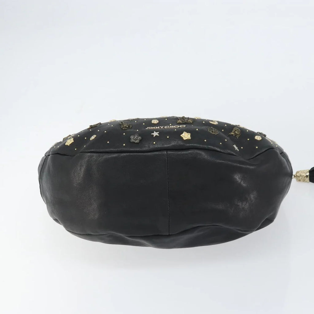 Preowned Authentic Jimmy Choo Studs Hand Bag Leather Black Gold 
