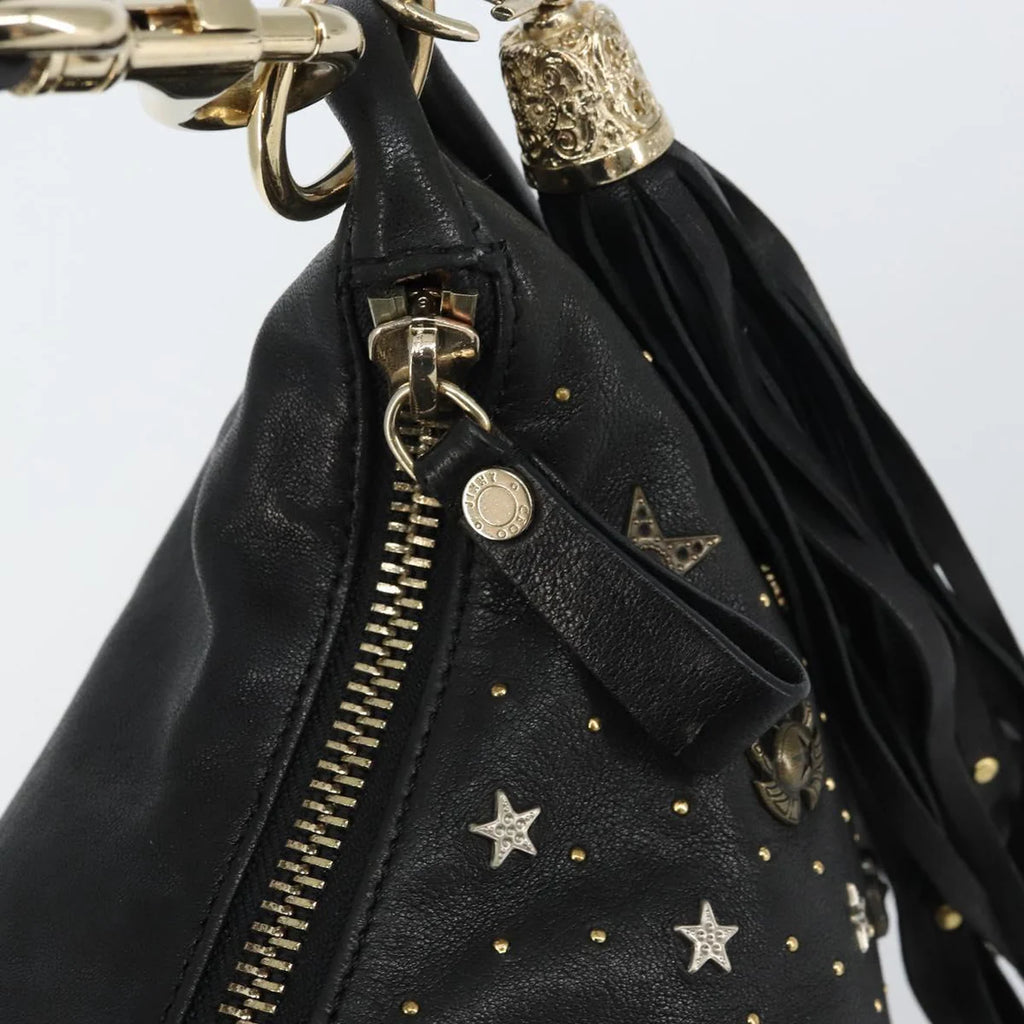Preowned Authentic Jimmy Choo Studs Hand Bag Leather Black Gold 