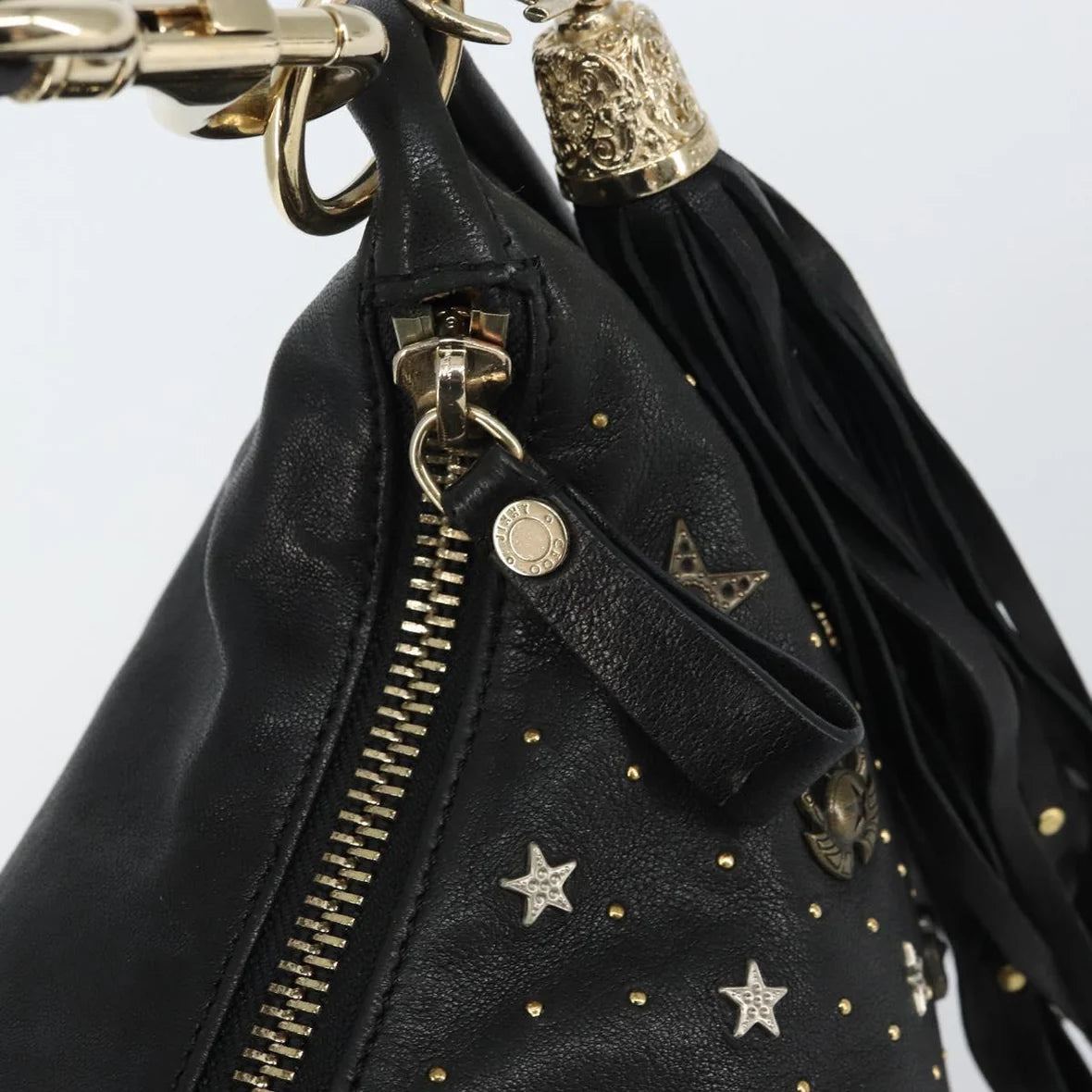 Preowned Authentic Jimmy Choo Studs Hand Bag Leather Black Gold 