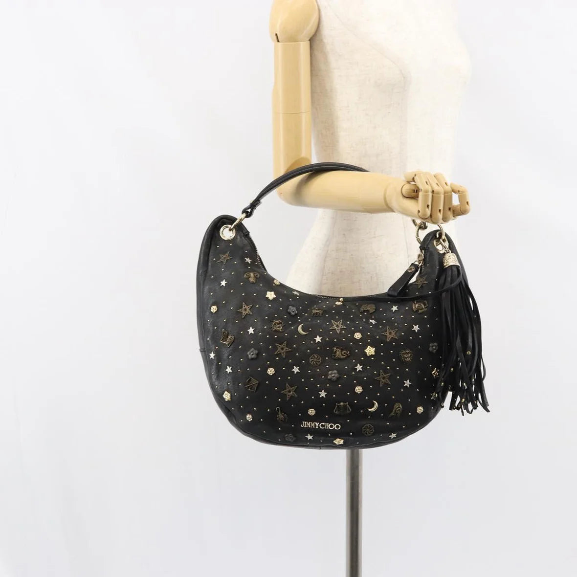 Preowned Authentic Jimmy Choo Studs Hand Bag Leather Black Gold 