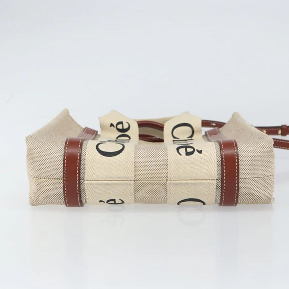 Preowned Authentic Chloe Woody Hand Bag Canvas Leather 2way Beige