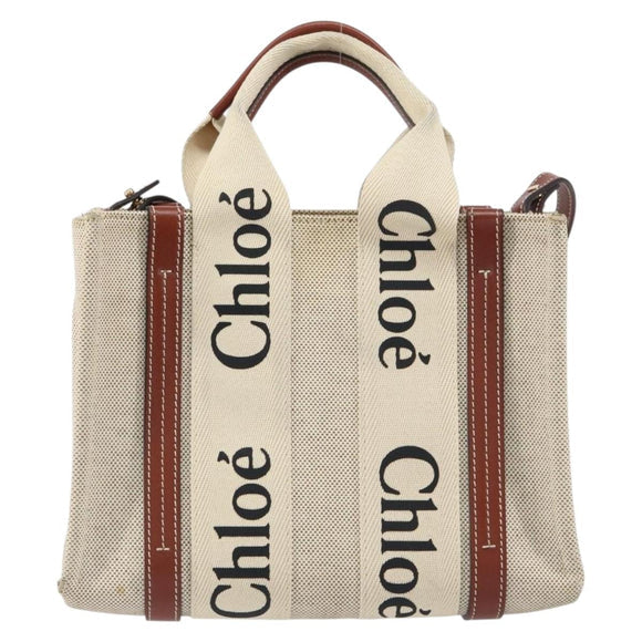 Preowned Authentic Chloe Woody Hand Bag Canvas Leather 2way Beige