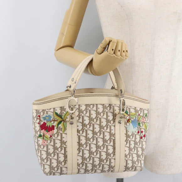 Preowned Authentic Christian Dior Trotter Canvas Hand Bag Ivory Silver Auth 179424A