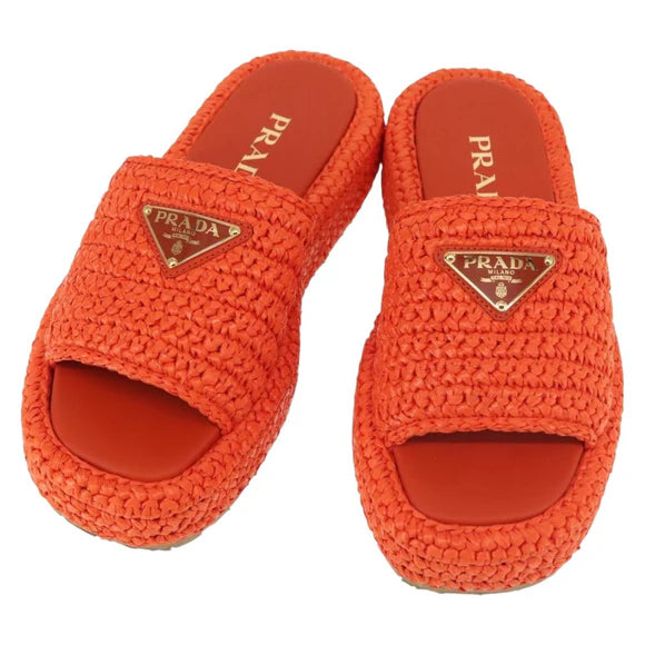 Authentic Preowned Prada Flat Form Sandals Raffia Orange