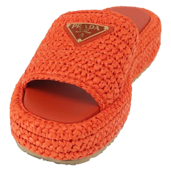 Authentic Preowned Prada Flat Form Sandals Raffia Orange