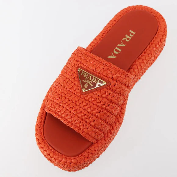 Authentic Preowned Prada Flat Form Sandals Raffia Orange