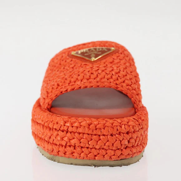 Authentic Preowned Prada Flat Form Sandals Raffia Orange