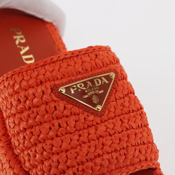 Authentic Preowned Prada Flat Form Sandals Raffia Orange