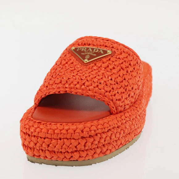 Authentic Preowned Prada Flat Form Sandals Raffia Orange