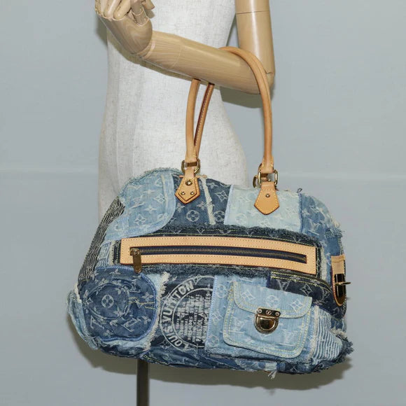 Preownwed Authetic Louis Vuitton Monogram Denim Patchwork Bowery Tote Bag Blue M95376 Auth 136291SAV