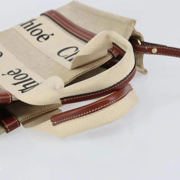 Preowned Authentic Chloe Woody Hand Bag Canvas Leather 2way Beige