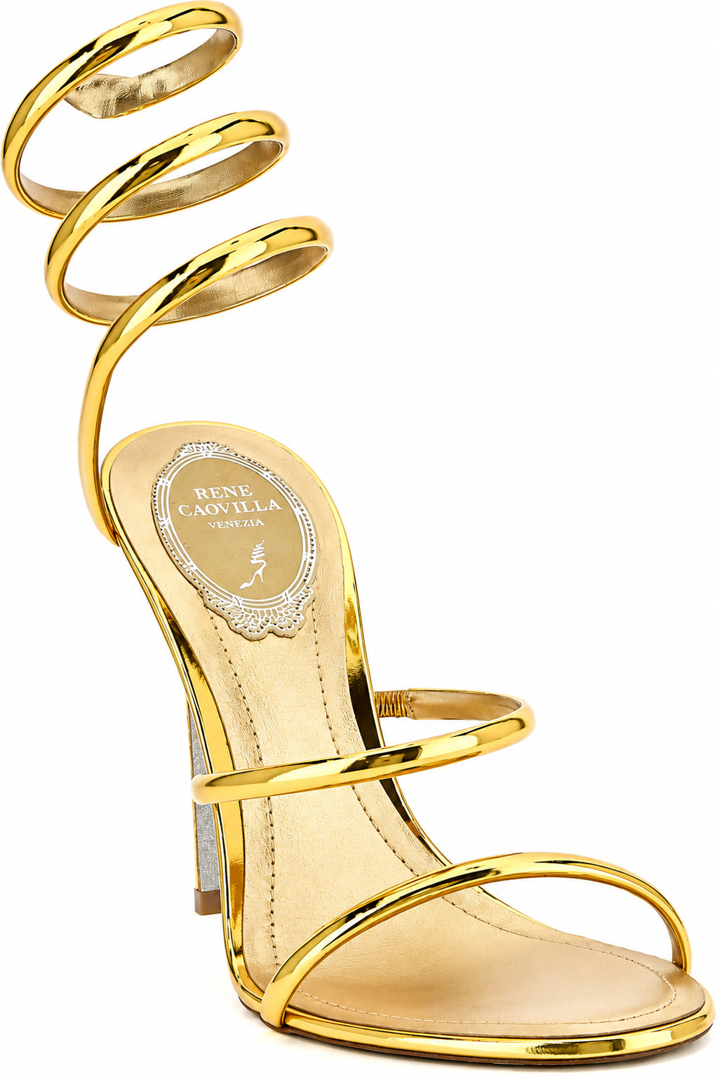 Authentic Rene Caovilla 'Cleo Metallic' Gold Stiletto Heel Sandals