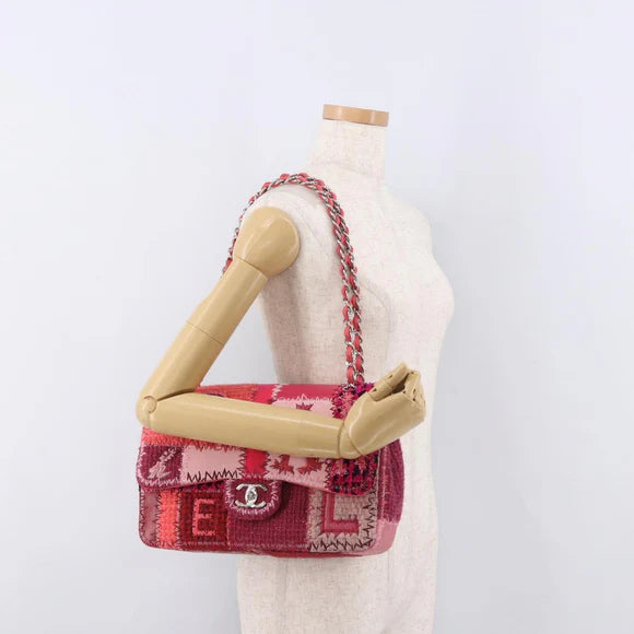 Authentic Preowned Chanel Chain Patchwork Shoulder Bag Tweed Pink Silver
