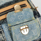 Preownwed Authetic Louis Vuitton Monogram Denim Patchwork Bowery Tote Bag Blue M95376 Auth 136291SAV
