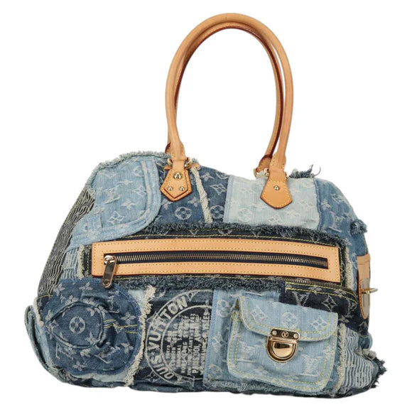 Preownwed Authetic Louis Vuitton Monogram Denim Patchwork Bowery Tote Bag Blue M95376 Auth 136291SAV