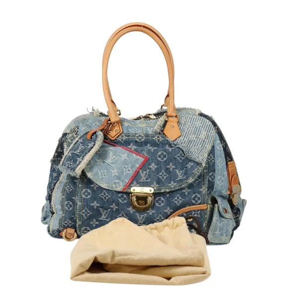 Preownwed Authetic Louis Vuitton Monogram Denim Patchwork Bowery Tote Bag Blue M95376 Auth 136291SAV
