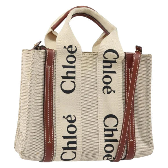 Preowned Authentic Chloe Woody Hand Bag Canvas Leather 2way Beige