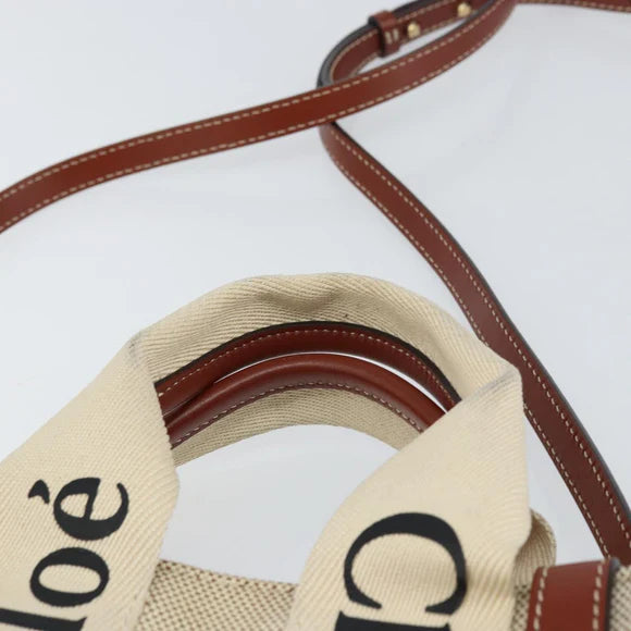Preowned Authentic Chloe Woody Hand Bag Canvas Leather 2way Beige