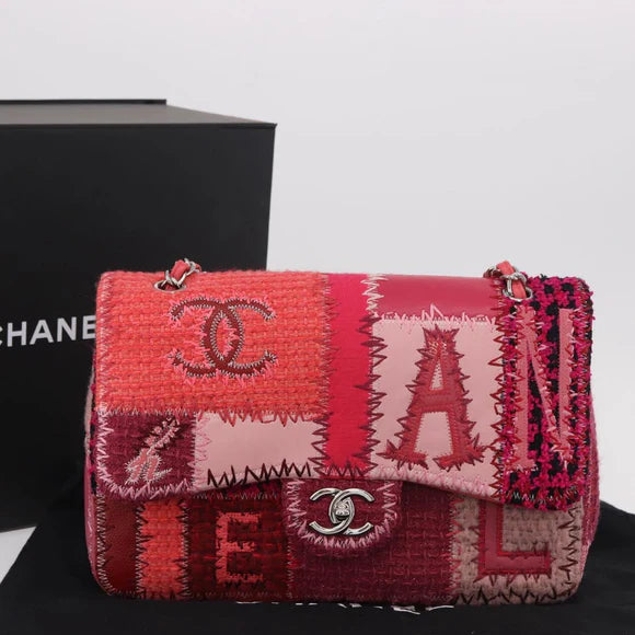 Authentic Preowned Chanel Chain Patchwork Shoulder Bag Tweed Pink Silver